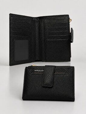 Madley Black Pebbled Leather Bifold Wallet Zip Coin Pocket Gold Hardware